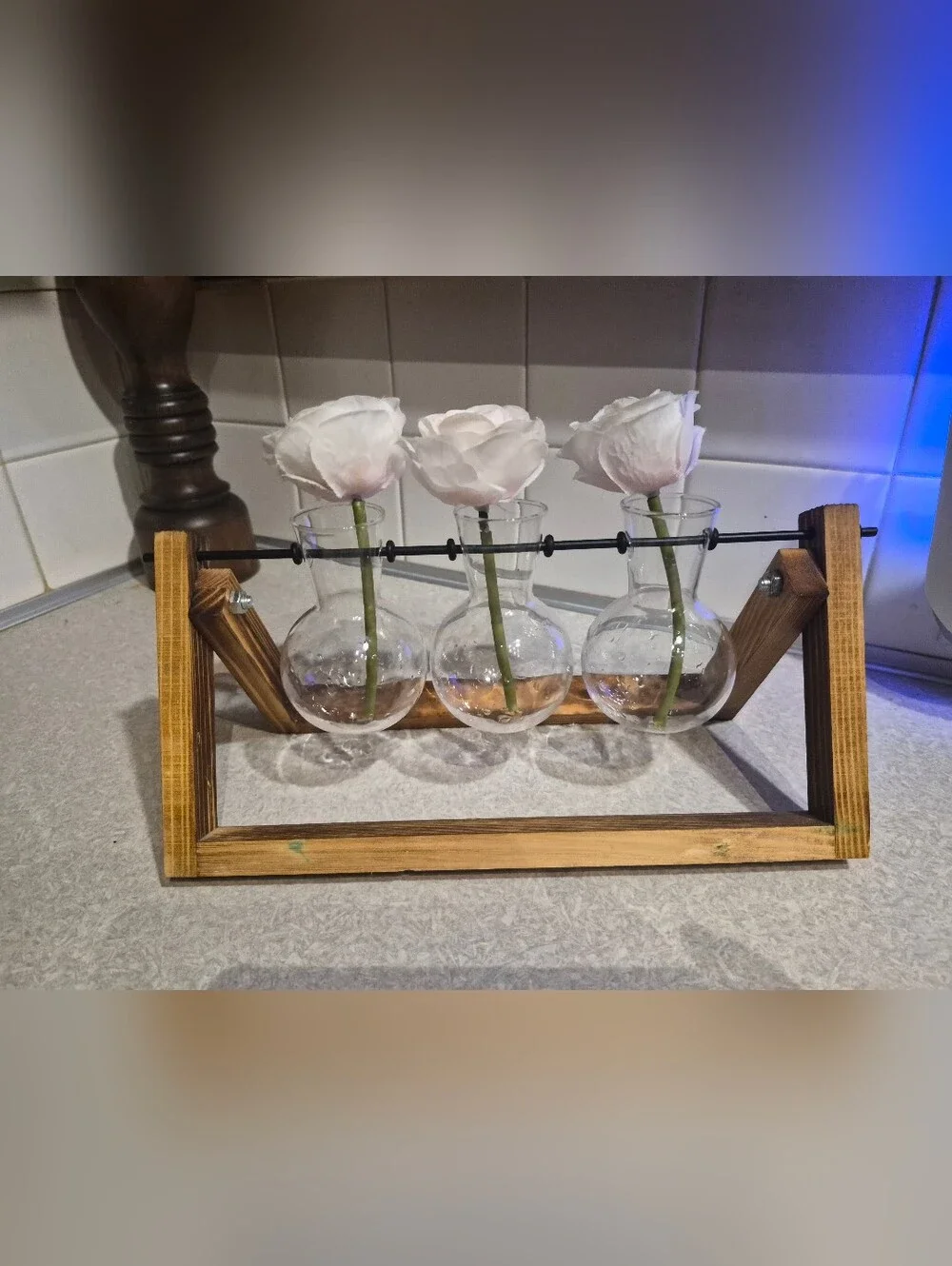 Clear Glass Triple Bud Vase with Pale Pink Faux Roses